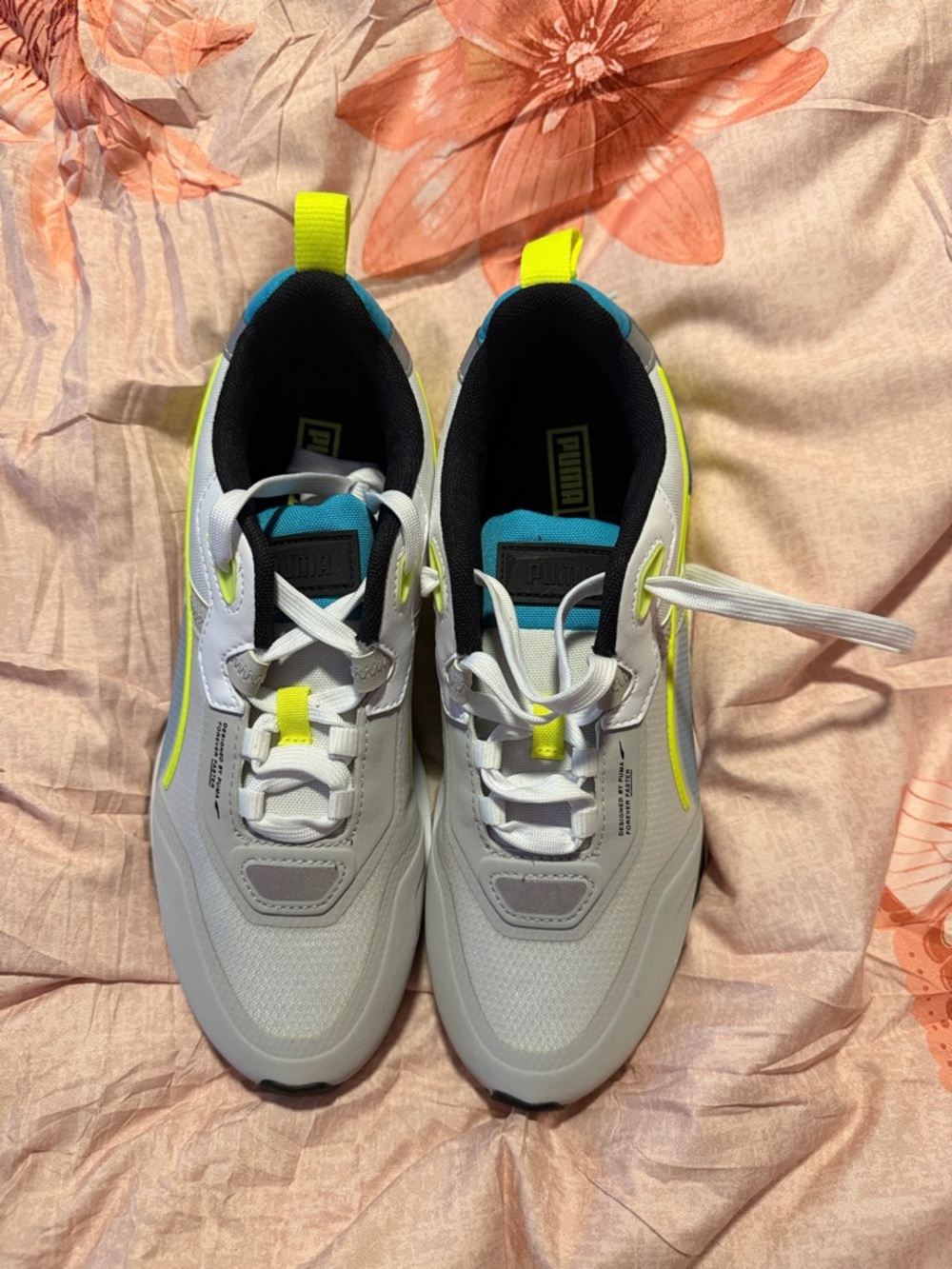 Puma White Neon Yellow and Blue Low-Top Sneakers